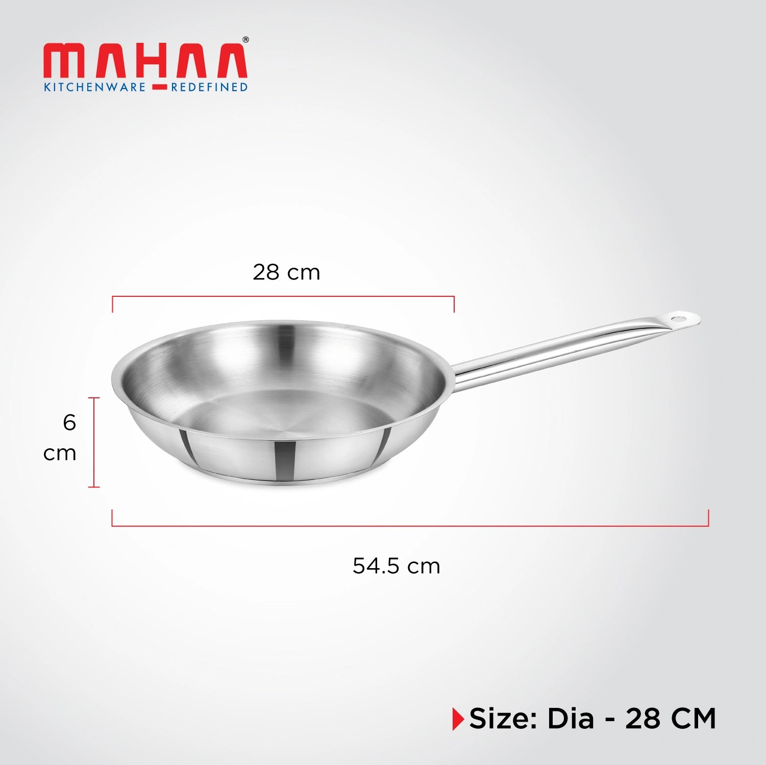 MAHAA Stainless Steel Professional Fry Pan – Scratch-Resistant Body | Heavy-Duty Stainless Steel | Tri Ply Base | Gas &  Induction Compatible | Cool-Touch Handle | 20/24/26/28/30/32 cm