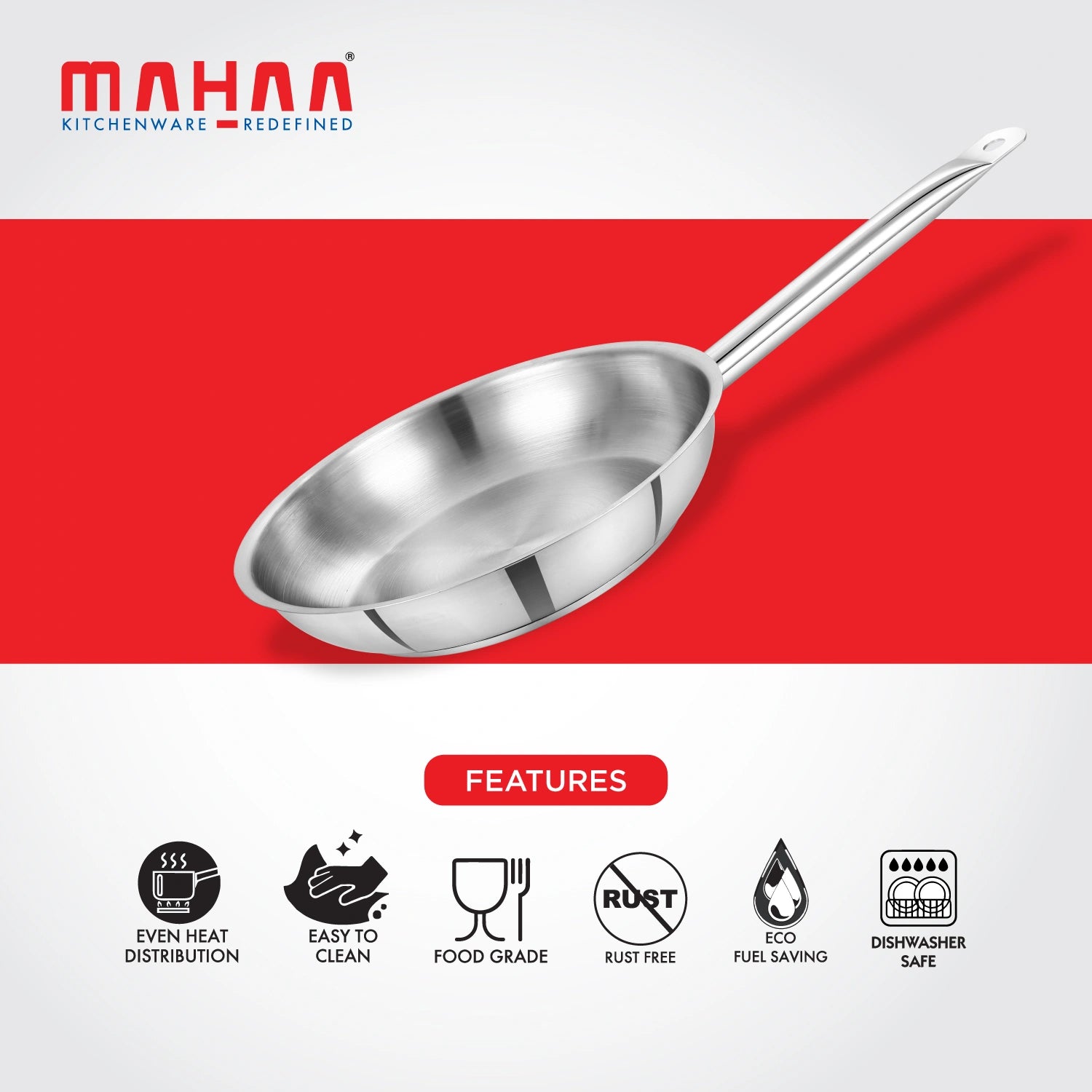 MAHAA Stainless Steel Professional Fry Pan – Scratch-Resistant Body | Heavy-Duty Stainless Steel | Tri Ply Base | Gas &  Induction Compatible | Cool-Touch Handle | 20/24/26/28/30/32 cm