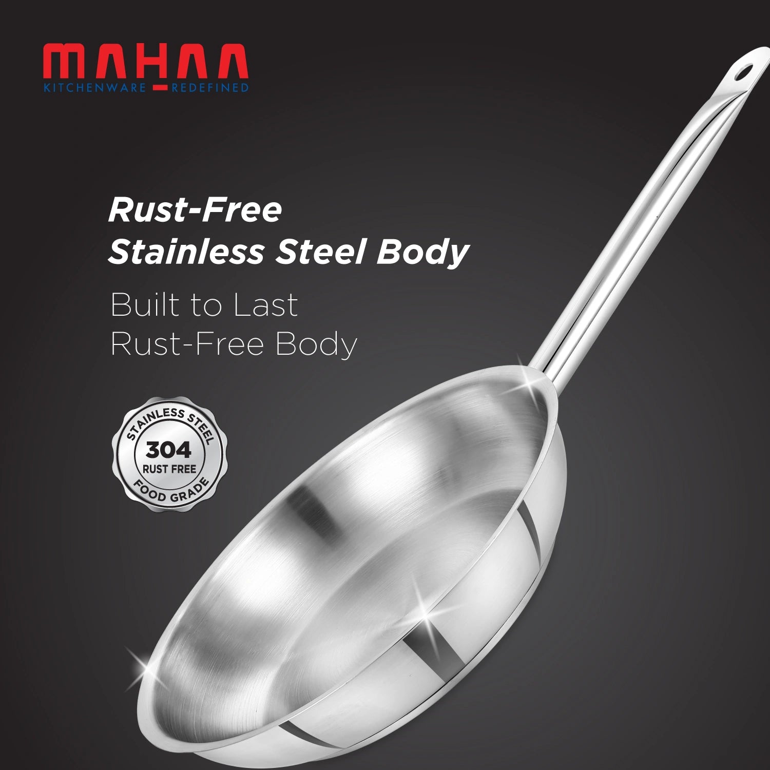 MAHAA Stainless Steel Professional Fry Pan – Scratch-Resistant Body | Heavy-Duty Stainless Steel | Tri Ply Base | Gas &  Induction Compatible | Cool-Touch Handle | 20/24/26/28/30/32 cm