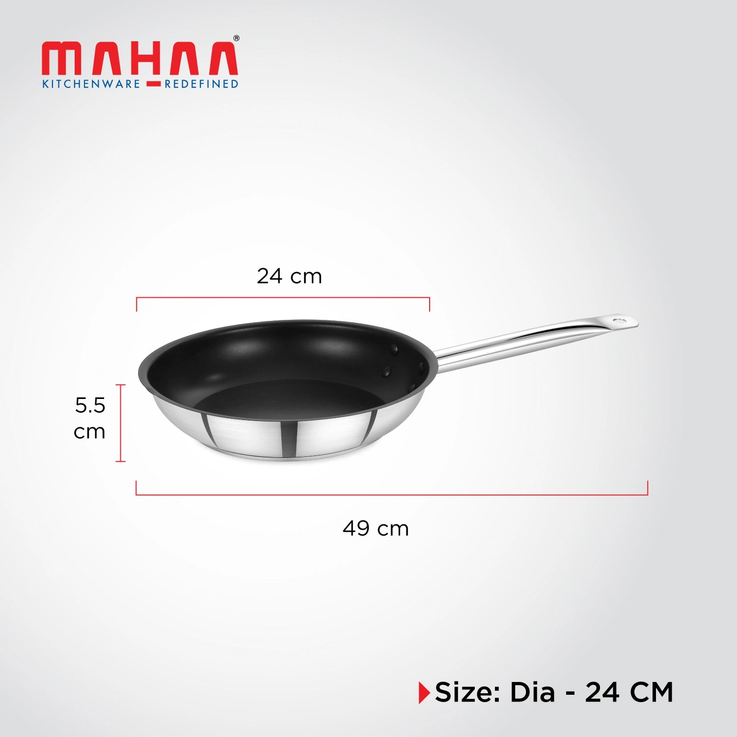 MAHAA Stainless Steel Professional Non-Stick Fry Pan – PFOA-Free Coating | Heavy-Duty Stainless Steel | Tri Ply Base | Gas &  Induction Compatible | Cool-Touch Handle | 20/24/28/30 cm