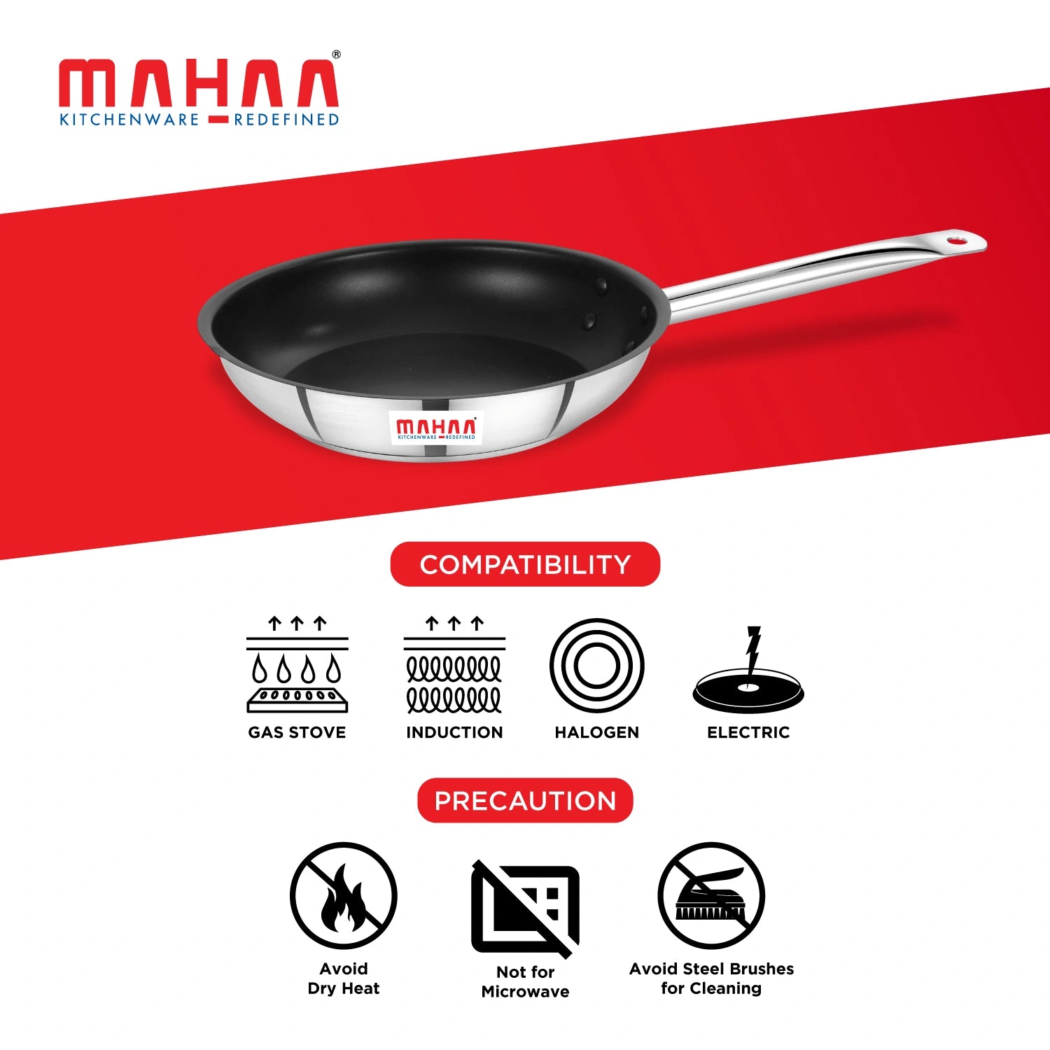 MAHAA Stainless Steel Professional Non-Stick Fry Pan – PFOA-Free Coating | Heavy-Duty Stainless Steel | Tri Ply Base | Gas &  Induction Compatible | Cool-Touch Handle | 20/24/28/30 cm
