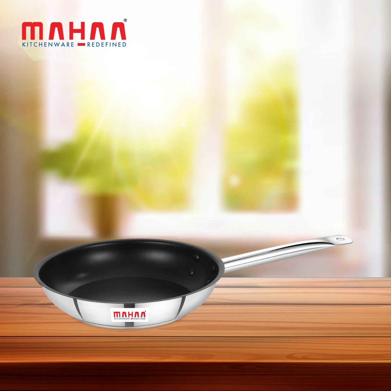 MAHAA Stainless Steel Professional Non-Stick Fry Pan – PFOA-Free Coating | Heavy-Duty Stainless Steel | Tri Ply Base | Gas &  Induction Compatible | Cool-Touch Handle | 20/24/28/30 cm