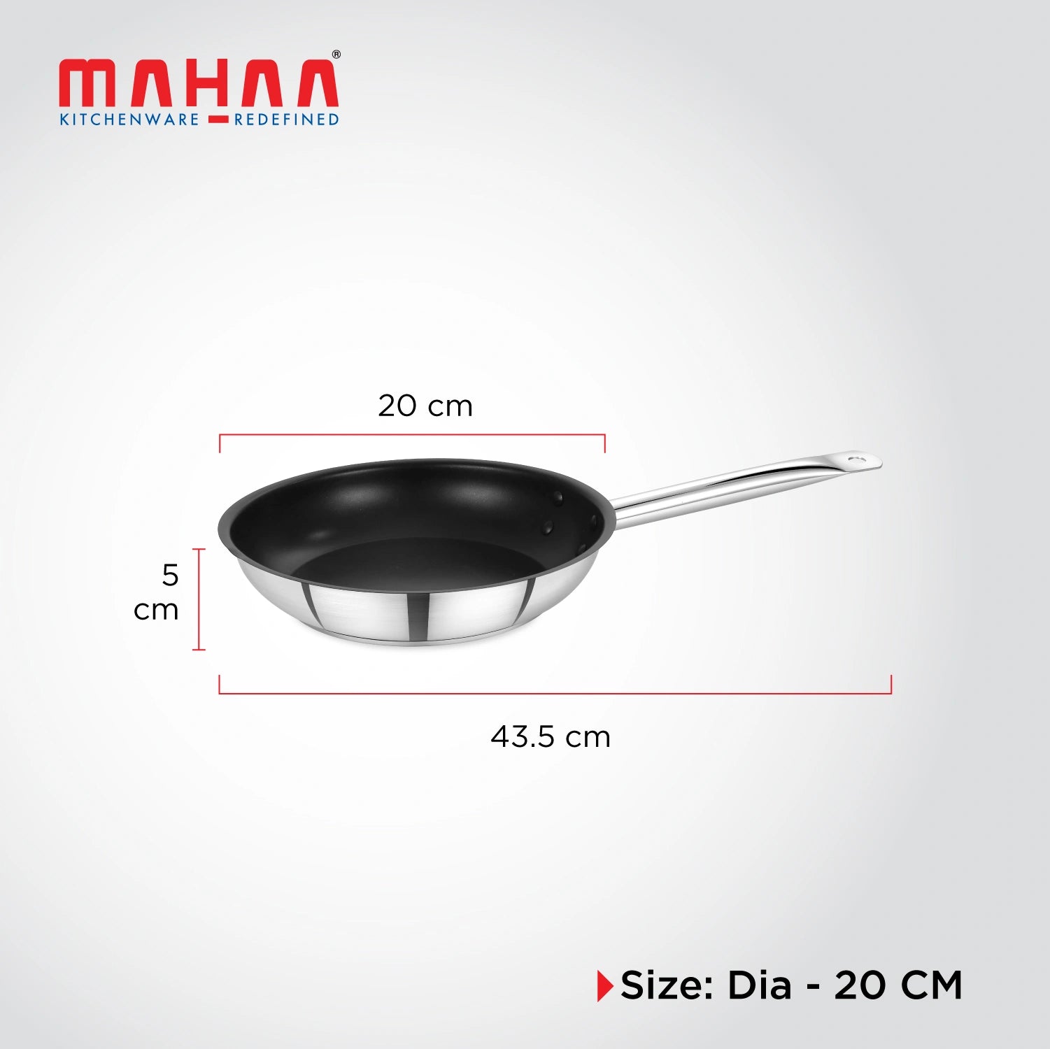 MAHAA Stainless Steel Professional Non-Stick Fry Pan – PFOA-Free Coating | Heavy-Duty Stainless Steel | Tri Ply Base | Gas &  Induction Compatible | Cool-Touch Handle | 20/24/28/30 cm