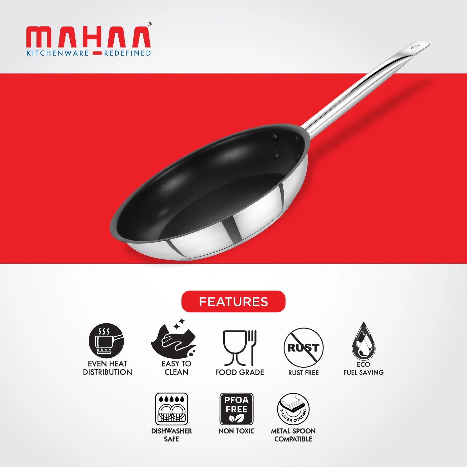 MAHAA Stainless Steel Professional Non-Stick Fry Pan – PFOA-Free Coating | Heavy-Duty Stainless Steel | Tri Ply Base | Gas &  Induction Compatible | Cool-Touch Handle | 20/24/28/30 cm