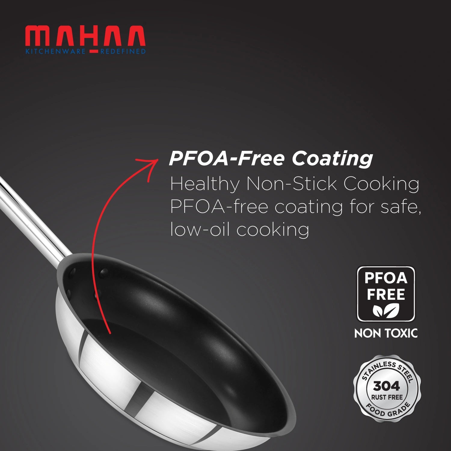 MAHAA Stainless Steel Professional Non-Stick Fry Pan – PFOA-Free Coating | Heavy-Duty Stainless Steel | Tri Ply Base | Gas &  Induction Compatible | Cool-Touch Handle | 20/24/28/30 cm