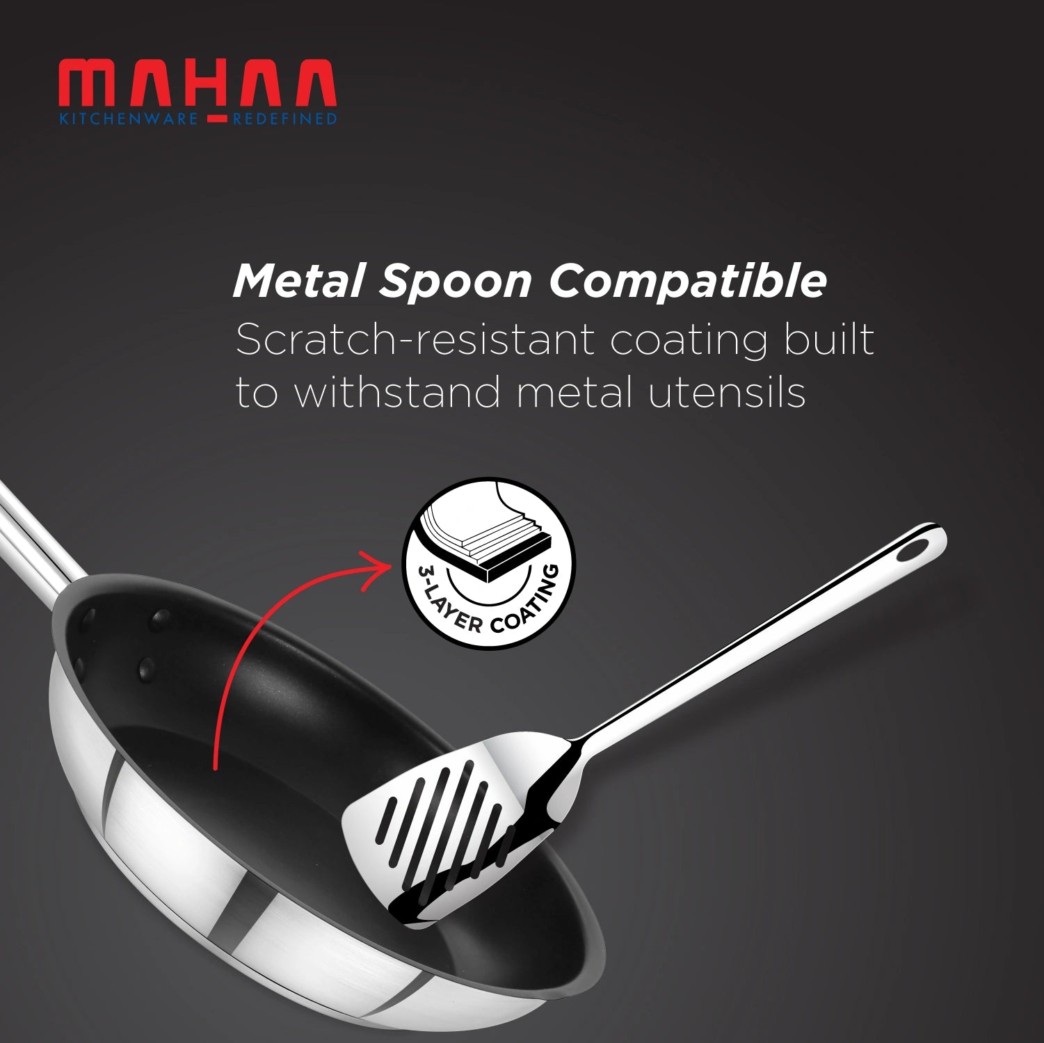 MAHAA Stainless Steel Professional Non-Stick Fry Pan – PFOA-Free Coating | Heavy-Duty Stainless Steel | Tri Ply Base | Gas &  Induction Compatible | Cool-Touch Handle | 20/24/28/30 cm