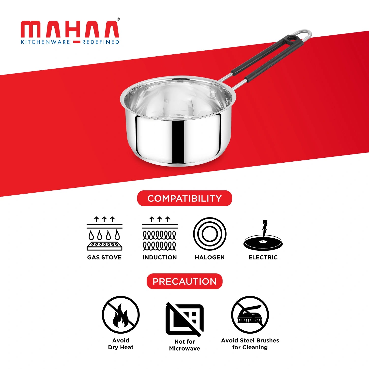 MAHAA Utena Stainless Steel Sauce Pan – Tea, Milk, Soup, Maggie Pan | Tri Ply Base | Non-stick | Gas & Induction Compatible | StayCool+ Handle | 14cm / 16cm / 18cm / 20cm