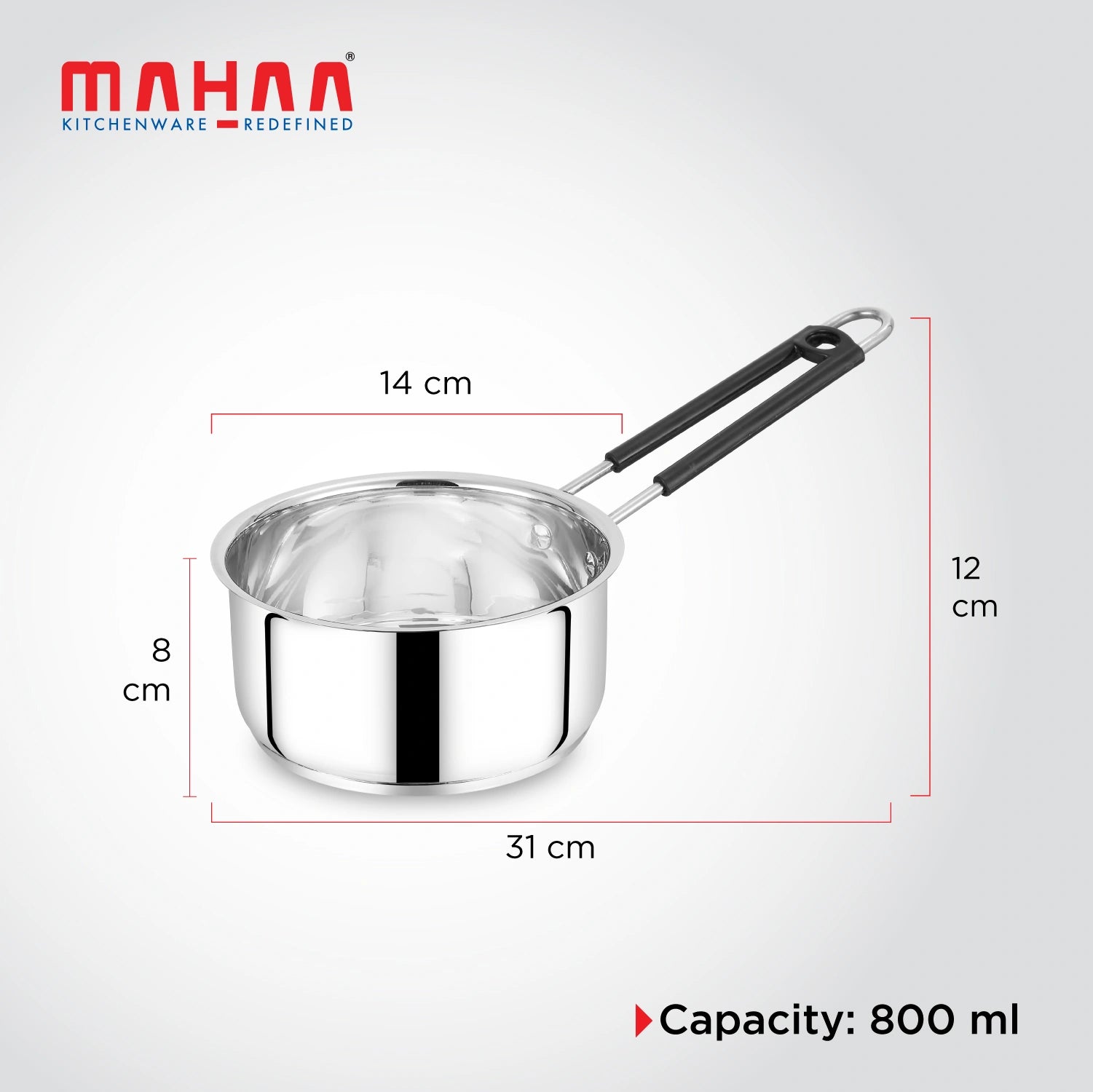 MAHAA Utena Stainless Steel Sauce Pan – Tea, Milk, Soup, Maggie Pan | Tri Ply Base | Non-stick | Gas & Induction Compatible | StayCool+ Handle | 14cm / 16cm / 18cm / 20cm