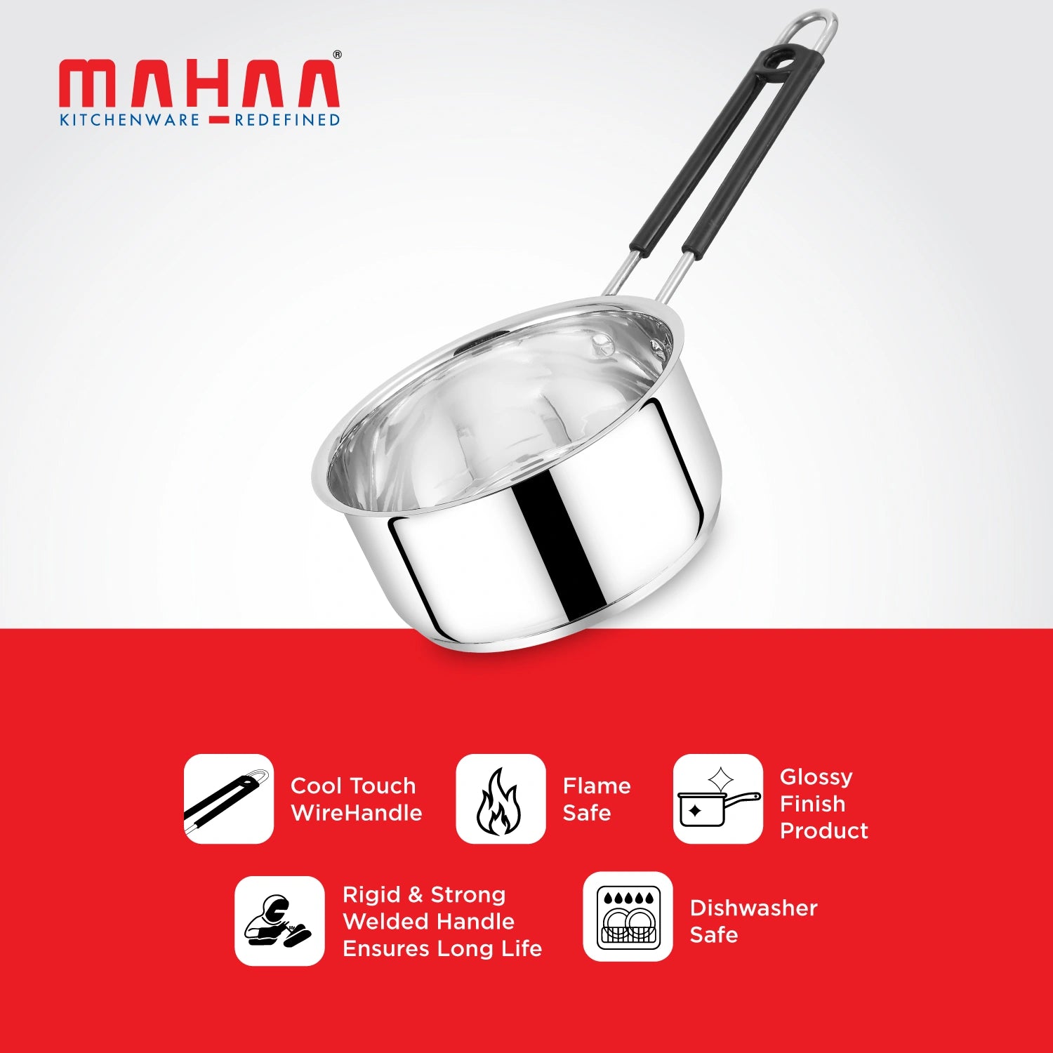 MAHAA Utena Stainless Steel Sauce Pan – Tea, Milk, Soup, Maggie Pan | Tri Ply Base | Non-stick | Gas & Induction Compatible | StayCool+ Handle | 14cm / 16cm / 18cm / 20cm