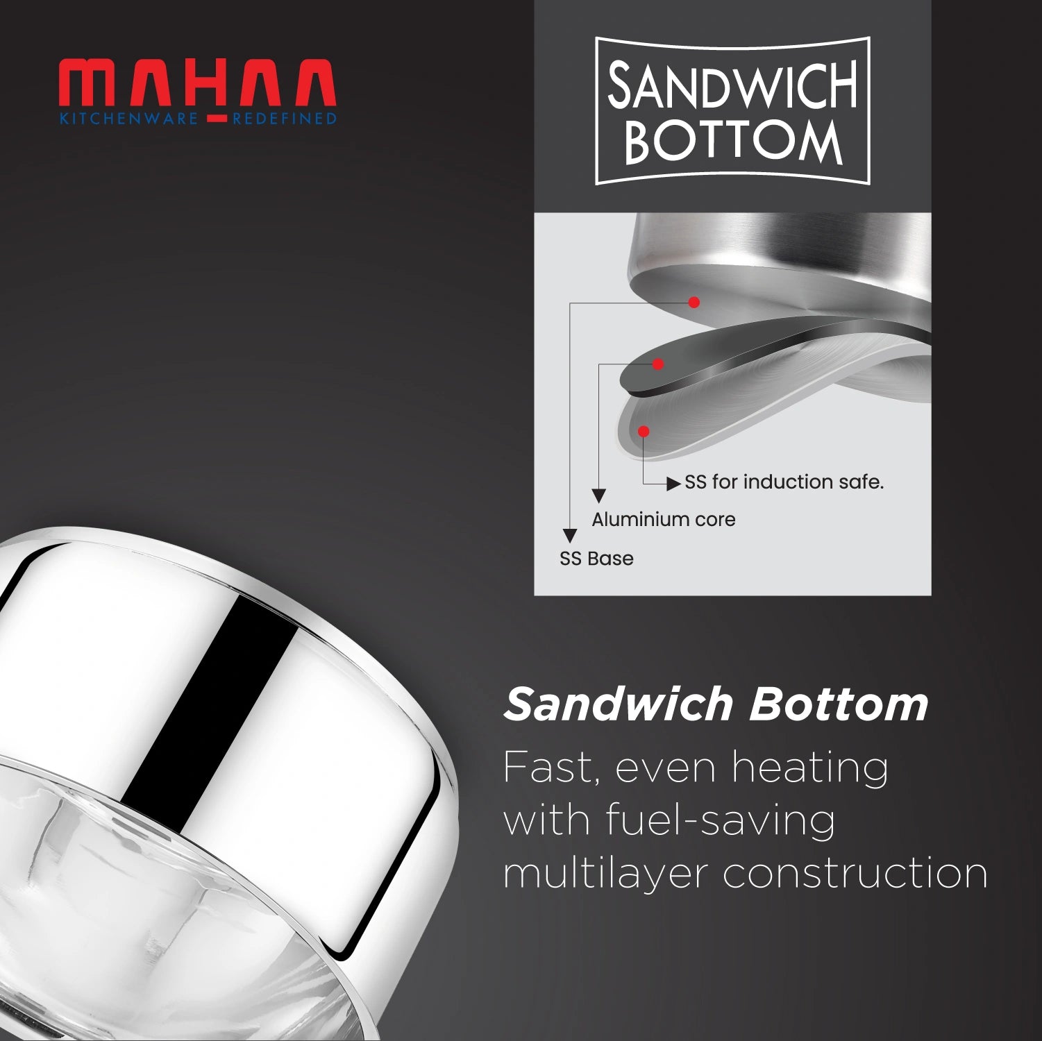 MAHAA Utena Stainless Steel Sauce Pan – Tea, Milk, Soup, Maggie Pan | Tri Ply Base | Non-stick | Gas & Induction Compatible | StayCool+ Handle | 14cm / 16cm / 18cm / 20cm