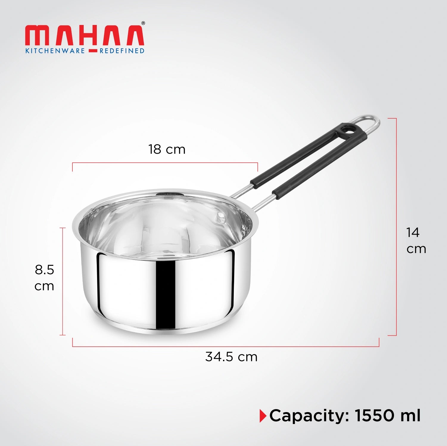 MAHAA Utena Stainless Steel Sauce Pan – Tea, Milk, Soup, Maggie Pan | Tri Ply Base | Non-stick | Gas & Induction Compatible | StayCool+ Handle | 14cm / 16cm / 18cm / 20cm