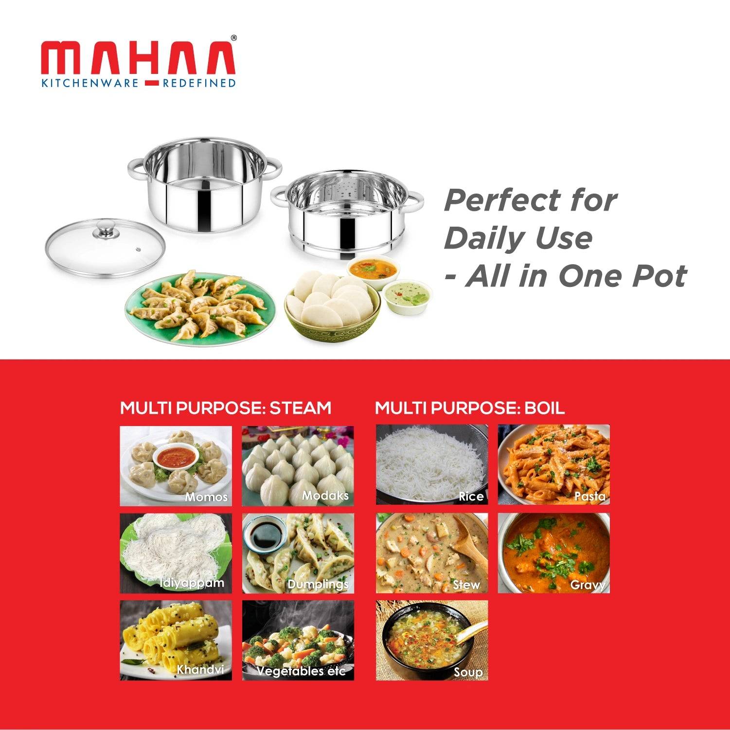 Stainless Steel 2-Tier Steamer – Utena Smart Steamer for Idlis, Momos, Vegetables | Induction & Gas Compatible | Food-Grade SS | Easy to Clean | 18CM / 20CM