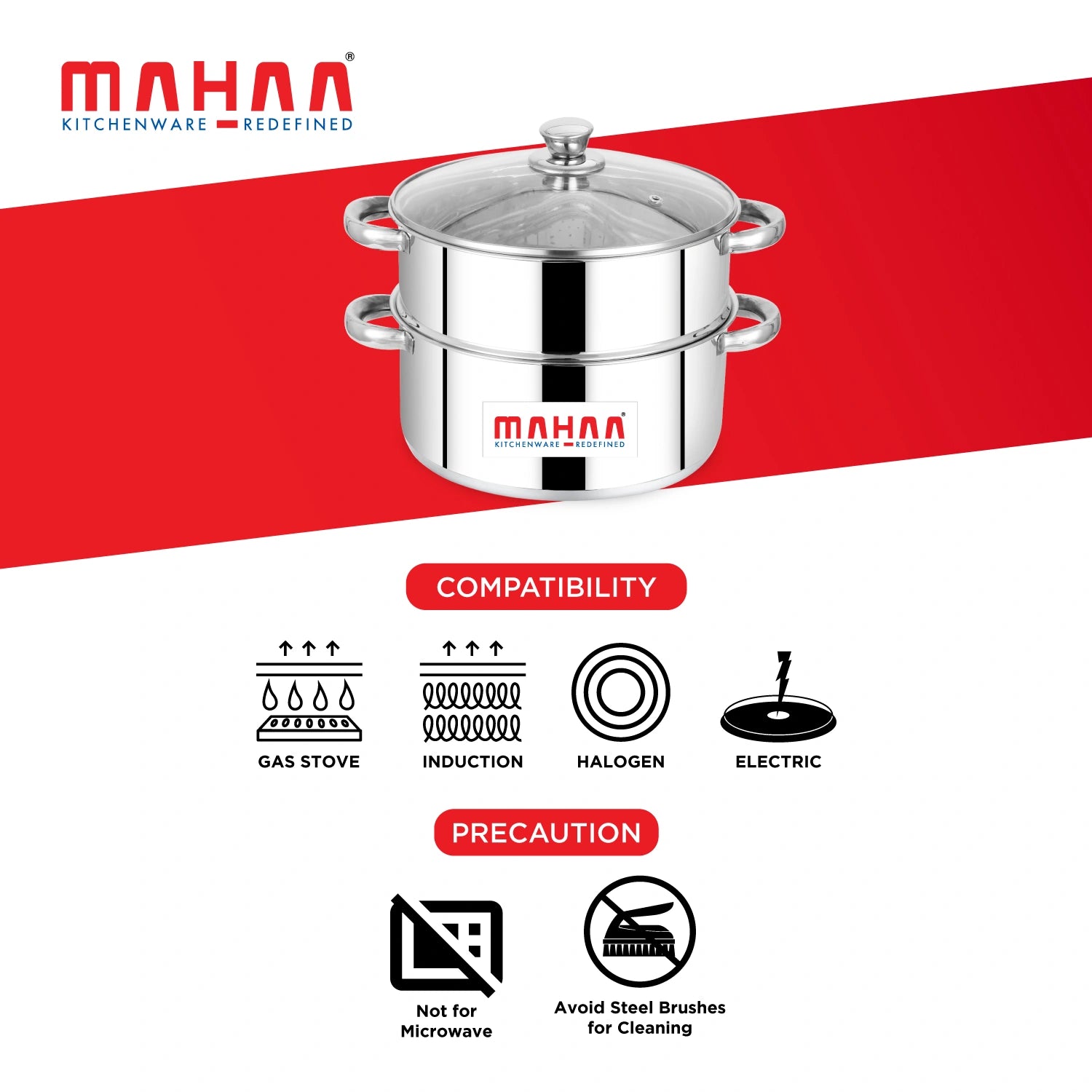 MAHAA Stainless Steel 2-Tier Utena Smart Steamer for Idlis, Momos & Vegetables | Tri Ply Base | Induction & Gas Compatible | Food-Grade SS | Easy to Clean (18CM / 20CM)