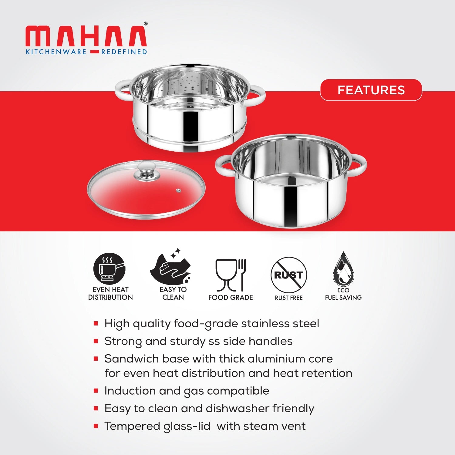 MAHAA Stainless Steel 2-Tier Utena Smart Steamer for Idlis, Momos & Vegetables | Tri Ply Base | Induction & Gas Compatible | Food-Grade SS | Easy to Clean (18CM / 20CM)