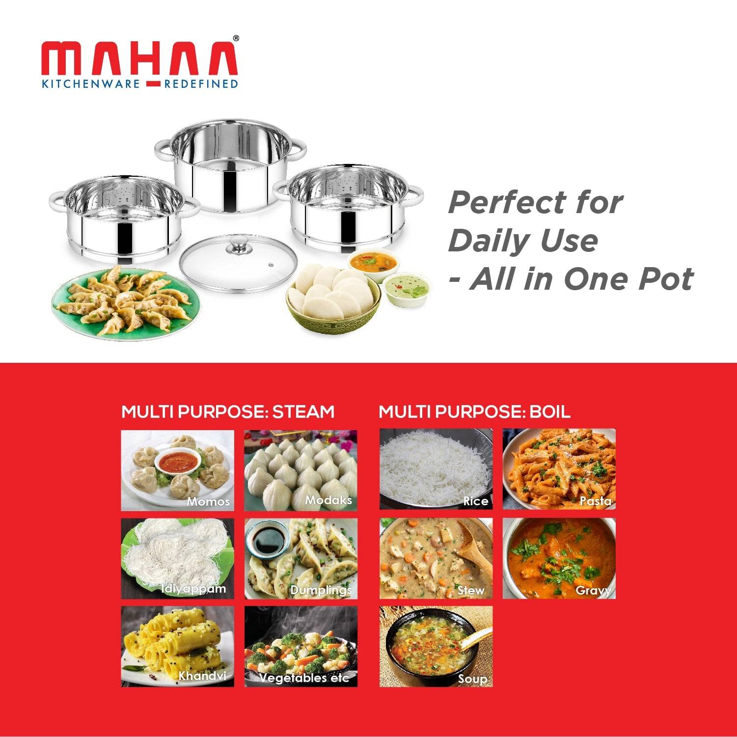 Stainless Steel 3-Tier Steamer – Utena Smart Steamer for Idlis, Momos, Vegetables | Induction & Gas Compatible | Food-Grade SS | Easy to Clean