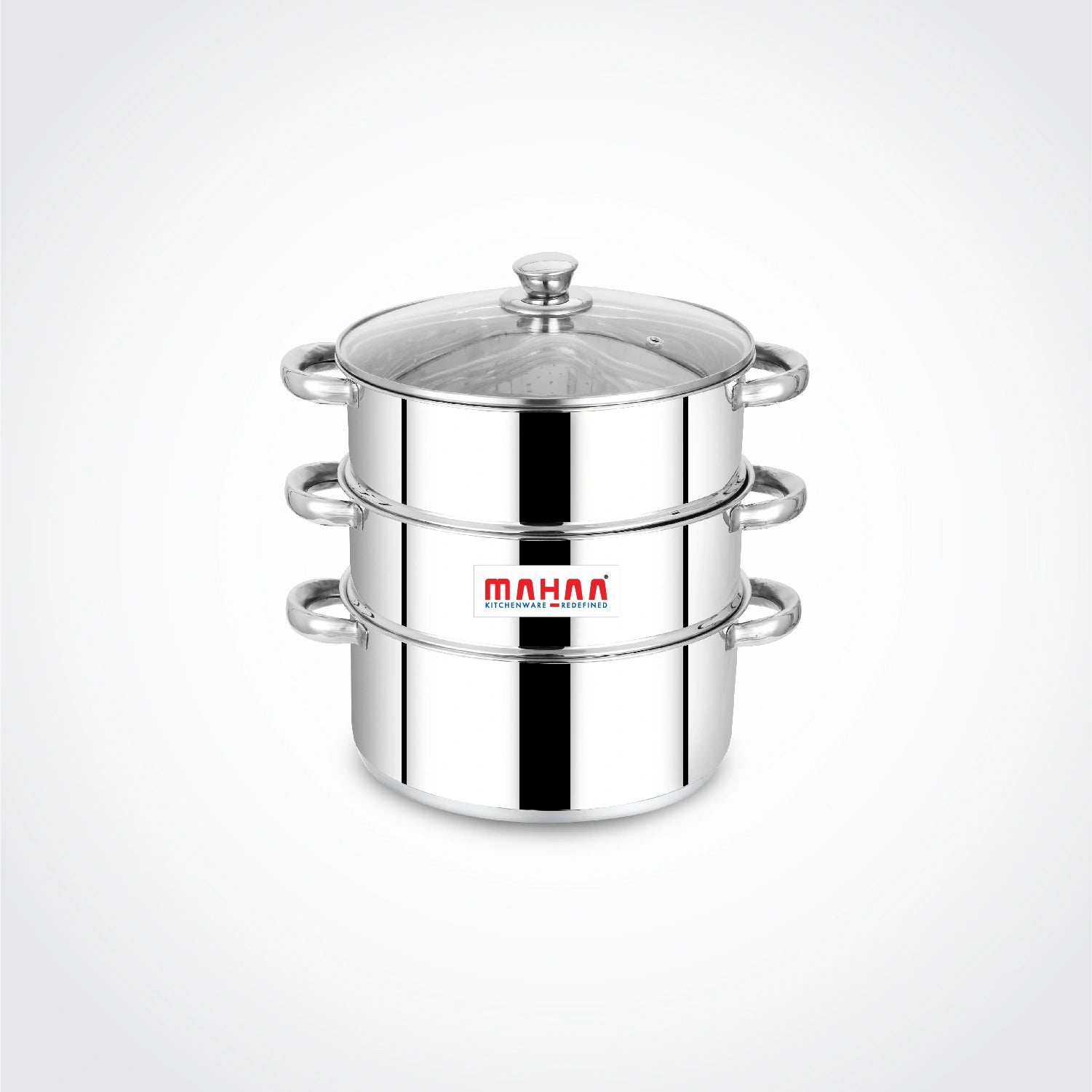 MAHAA Stainless Steel 3-Tier Utena Smart Steamer for Idlis, Momos & Vegetables | Tri Ply Base | Induction & Gas Compatible | Food-Grade SS | Easy to Clean (18CM / 20CM)