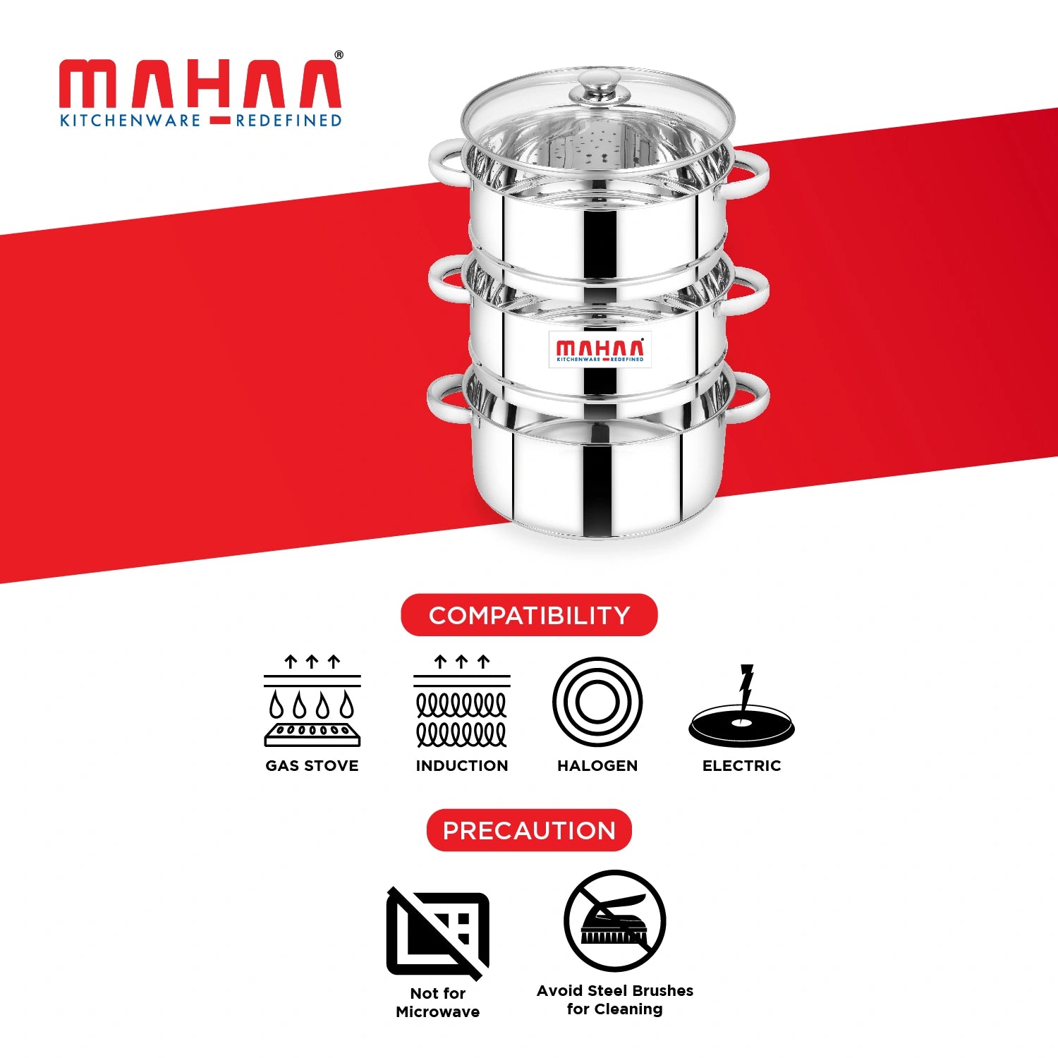 MAHAA Stainless Steel 3-Tier Utena Smart Steamer for Idlis, Momos & Vegetables | Tri Ply Base | Induction & Gas Compatible | Food-Grade SS | Easy to Clean (18CM / 20CM)