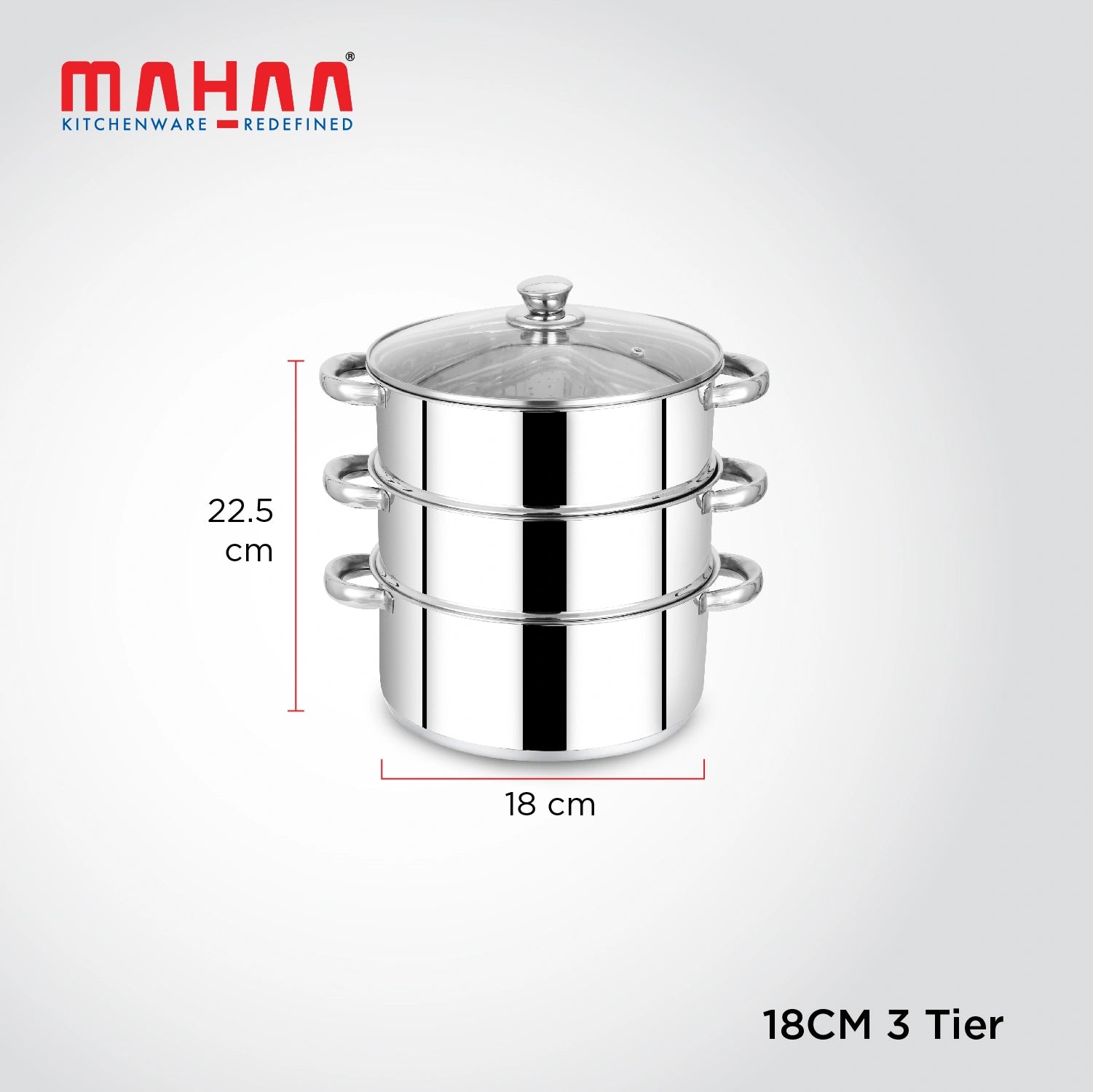 MAHAA Stainless Steel 3-Tier Utena Smart Steamer for Idlis, Momos & Vegetables | Tri Ply Base | Induction & Gas Compatible | Food-Grade SS | Easy to Clean (18CM / 20CM)