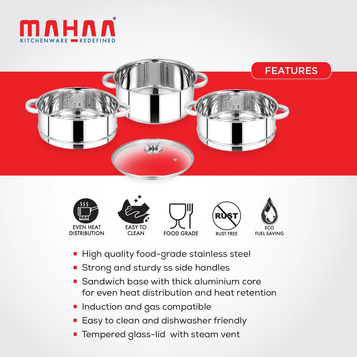 MAHAA Stainless Steel 3-Tier Utena Smart Steamer for Idlis, Momos & Vegetables | Tri Ply Base | Induction & Gas Compatible | Food-Grade SS | Easy to Clean (18CM / 20CM)