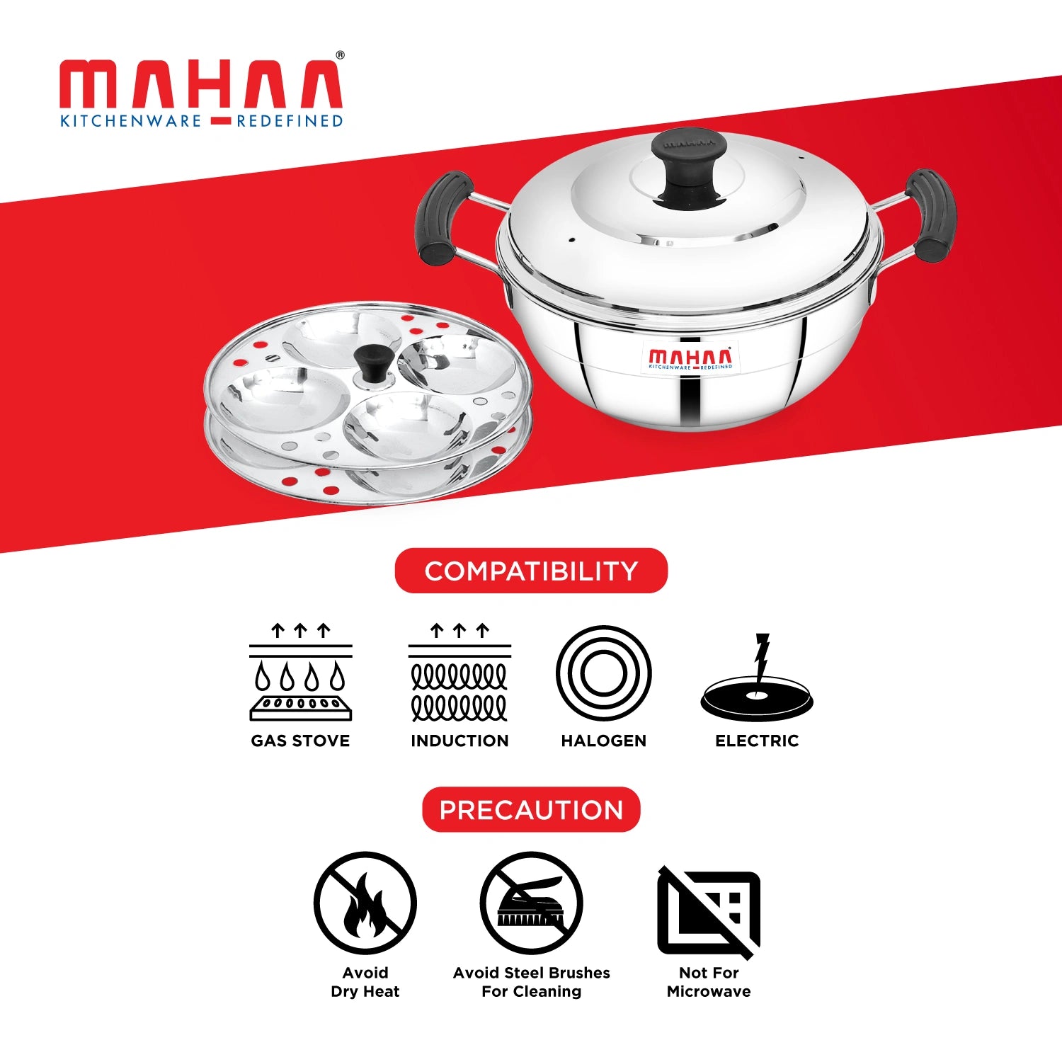 MAHAA Stainless Steel Multi Kadai 20CM – Versatile Kadai with Steam Release Lid | Steam Idlies, Idiyappams, Momos and Vegetables | Tri Ply Base | StayCool+ Handle & Lid Knob