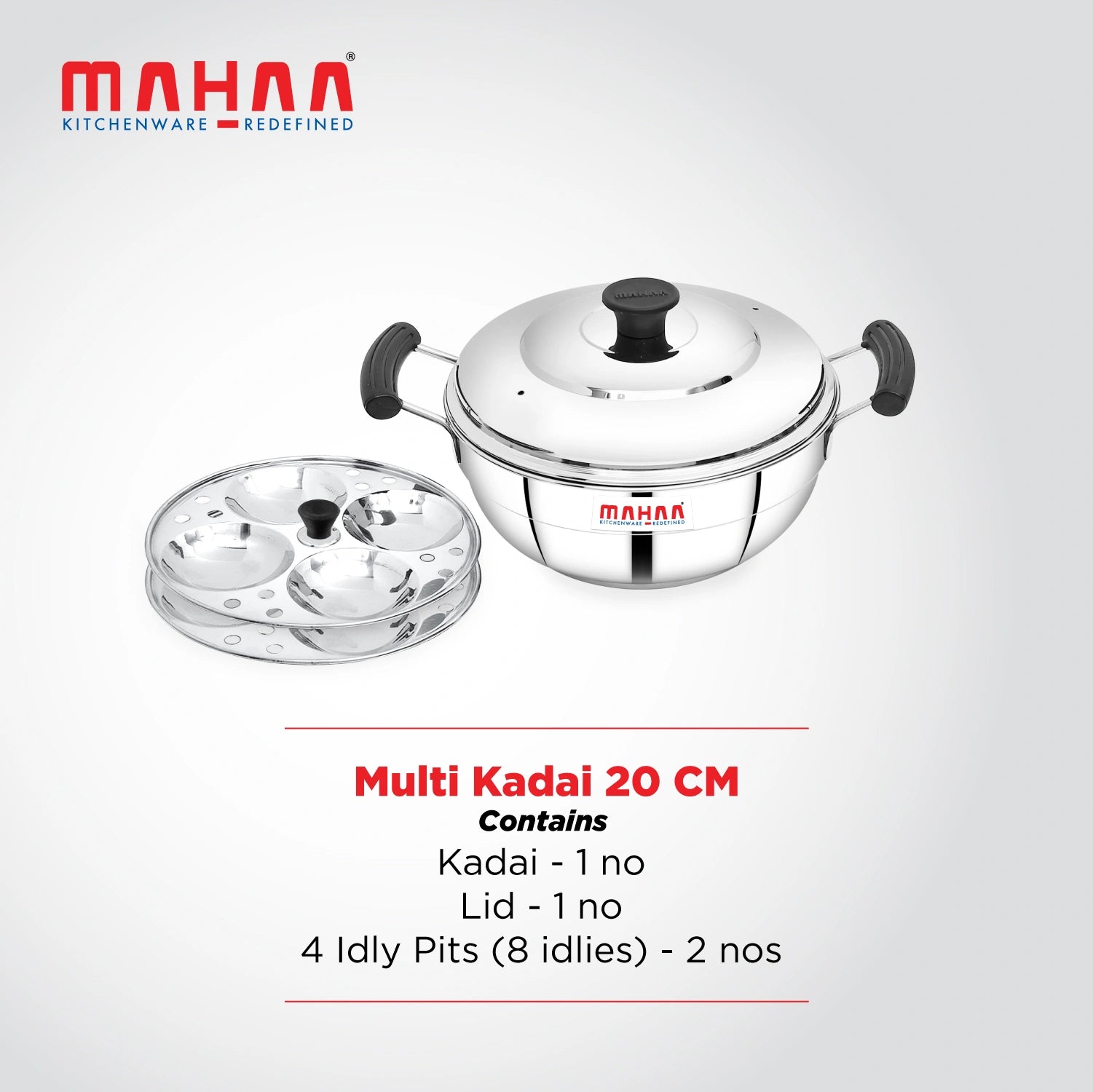 MAHAA Stainless Steel Multi Kadai 20CM – Versatile Kadai with Steam Release Lid | Steam Idlies, Idiyappams, Momos and Vegetables | Tri Ply Base | StayCool+ Handle & Lid Knob