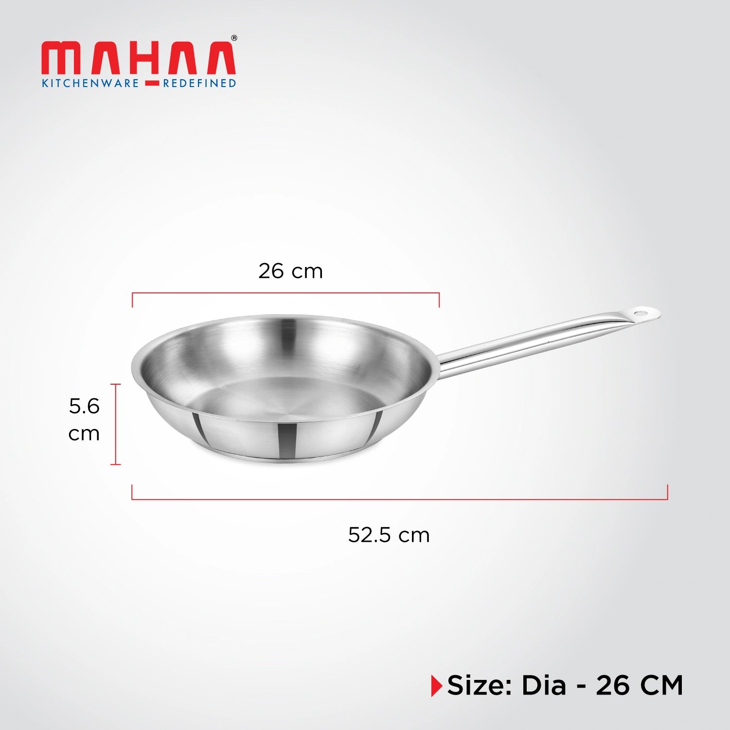 MAHAA Stainless Steel Professional Fry Pan – Scratch-Resistant Body | Heavy-Duty Stainless Steel | Tri Ply Base | Gas &  Induction Compatible | Cool-Touch Handle | 20/24/26/28/30/32 cm