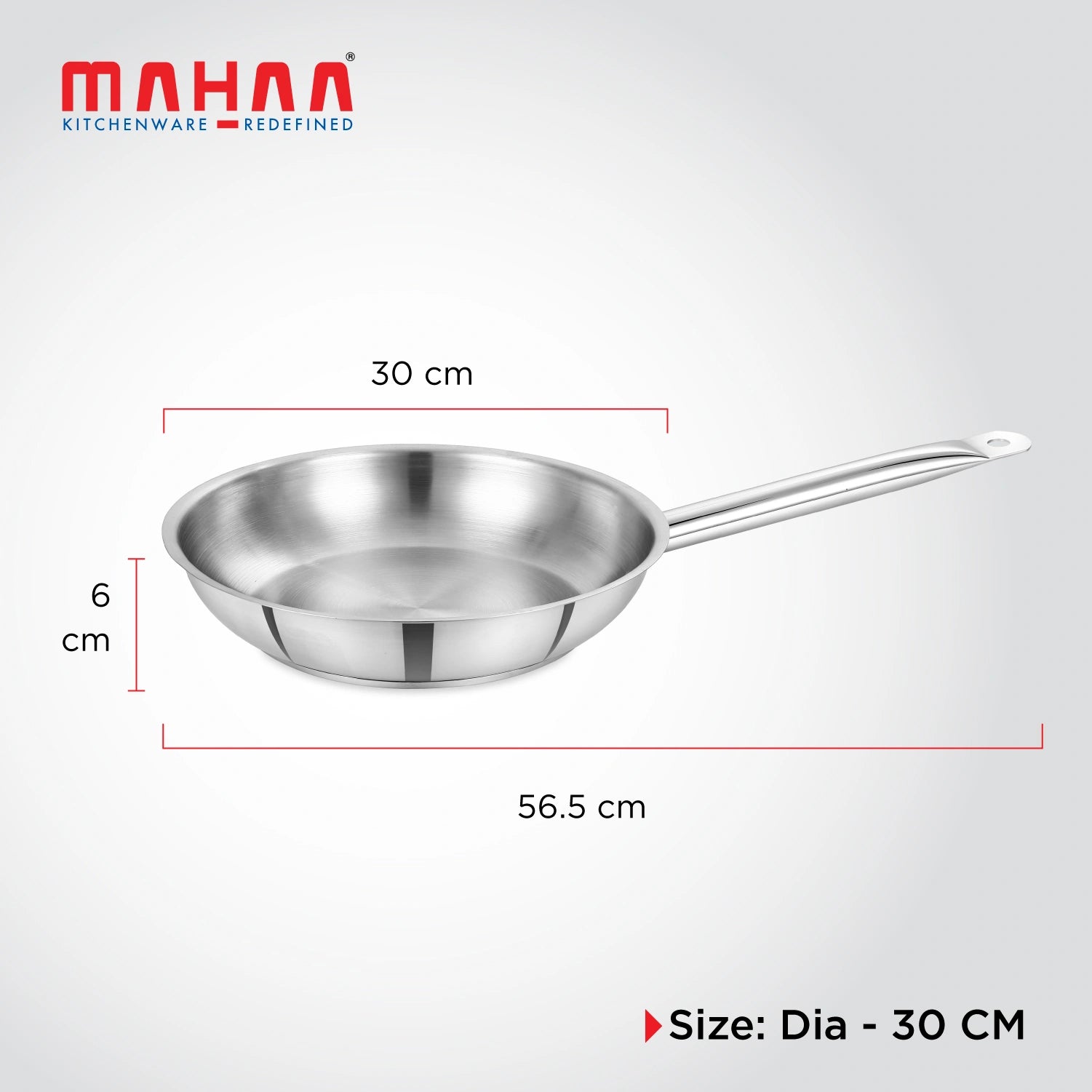MAHAA Stainless Steel Professional Fry Pan – Scratch-Resistant Body | Heavy-Duty Stainless Steel | Tri Ply Base | Gas &  Induction Compatible | Cool-Touch Handle | 20/24/26/28/30/32 cm