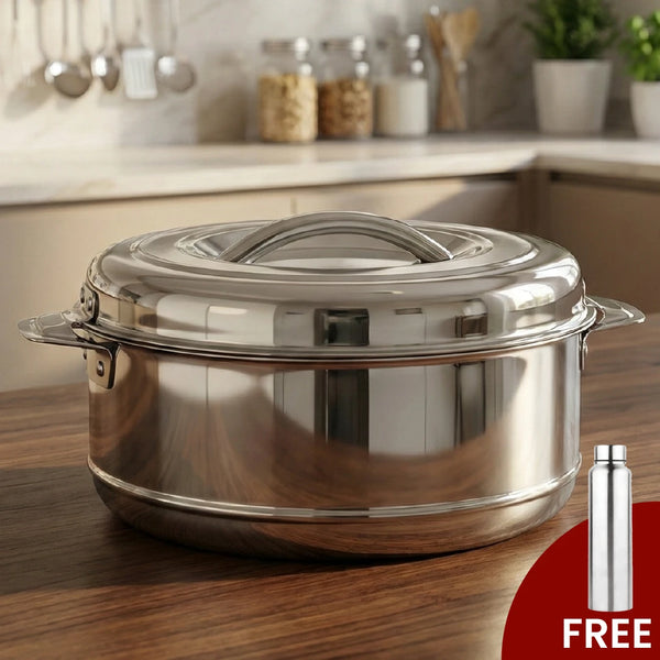 Aspen Stainless Steel Insulated Casserole – Snug-Fit Lock, Hot Pot for Roti-Rice-Gravy-Curry, Retains Temperature, Twist Lock, Free ₹300 SS Water Bottle