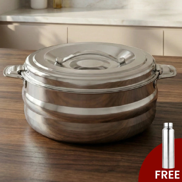 Orchid Stainless Steel Insulated Casserole – Snug-Fit Lock, Rust-Free & Stylish Hot Pot, Hot Pot for Roti-Rice-Gravy-Curry, Retains Temperature, Twist Lock, Free ₹300 SS Water Bottle