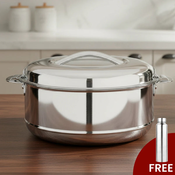 Iris Stainless Steel Casserole, Double-Wall Insulated Hot Box with Lock Lid, Food Warmer for Rice, Curries, Rotis, Free ₹300 SS Water Bottle