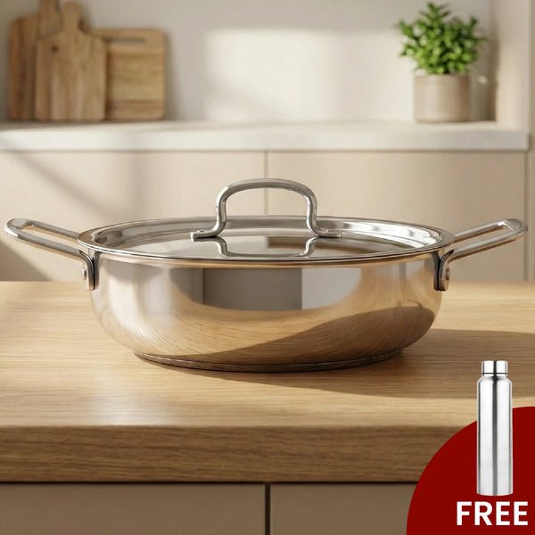 Avanti Stainless Steel Kadai: Premium Quality with Snug-Fit Lid, Tri Ply Base, Non-stick, Gas & Induction Compatible, Cool-Touch Handle, Free ₹300 SS Water Bottle
