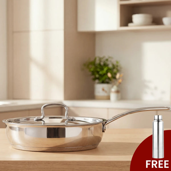 Avanti Stainless Steel Fry Pan: Premium Quality with Snug-Fit Lid, Tri Ply Base, Non-stick, Gas & Induction Compatible, Cool-Touch Handle, Free ₹300 SS Water Bottle
