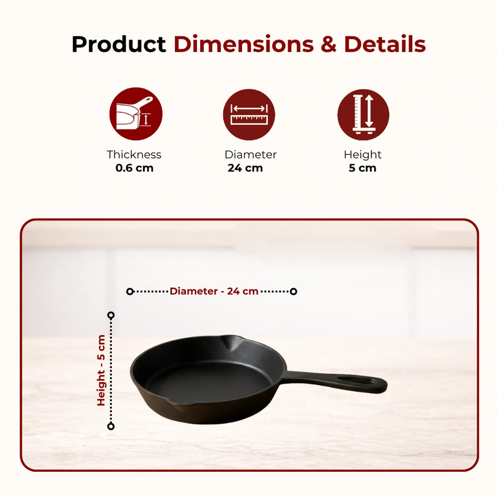 Cast Iron Cookware Set: Flat Long Handle Tawa 26 CM + Kadai 26 CM + Fry Pan 24 CM | Heavy-Duty Traditional Cooking Combo Set | Kitchen Set for Home, Pre-seasoned, Induction Friendly