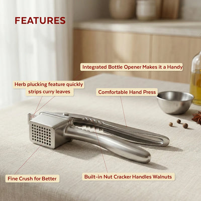 4-in-1 Garlic Crusher & Nut Cracker Hand Press Garlic Presser & Mincer, Herb Plucking Tool for Curry Leaves, Coriander & Mint, Bottle Opener Kitchen Tool