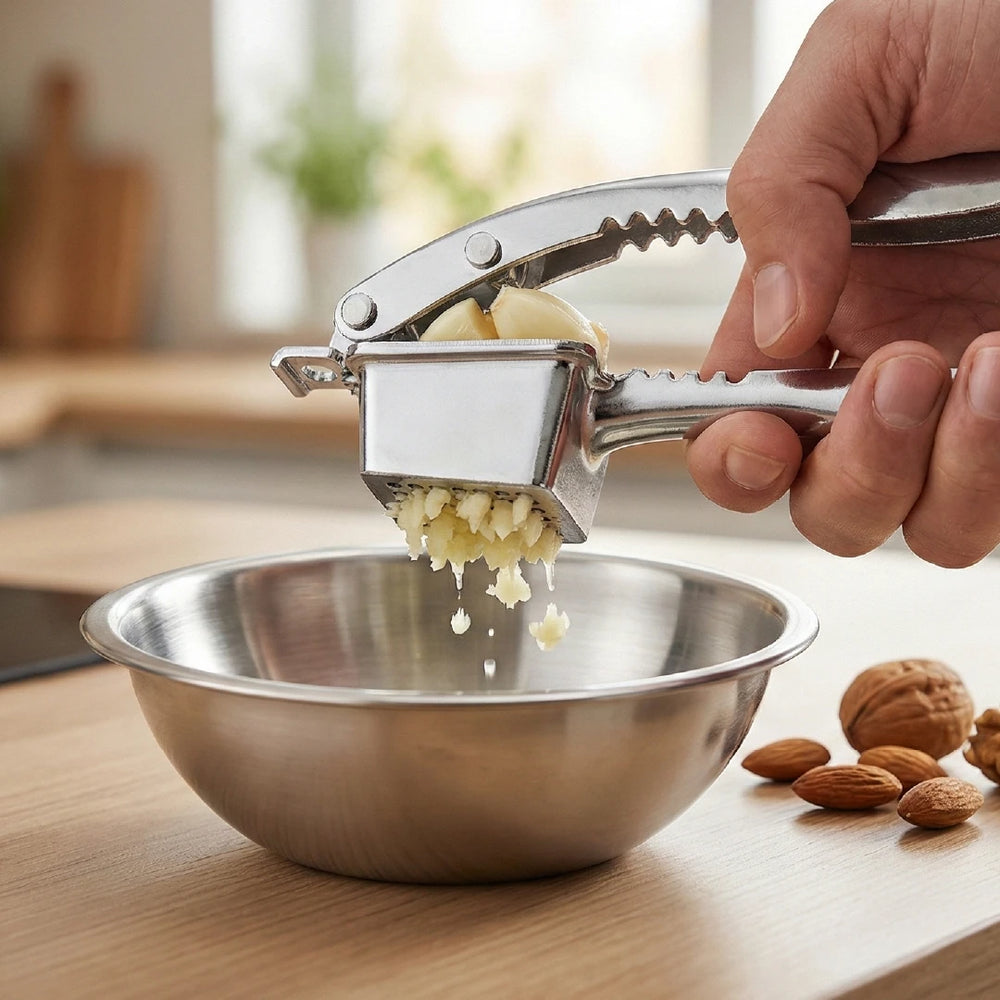 4-in-1 Garlic Crusher & Nut Cracker Hand Press Garlic Presser & Mincer, Herb Plucking Tool for Curry Leaves, Coriander & Mint, Bottle Opener Kitchen Tool