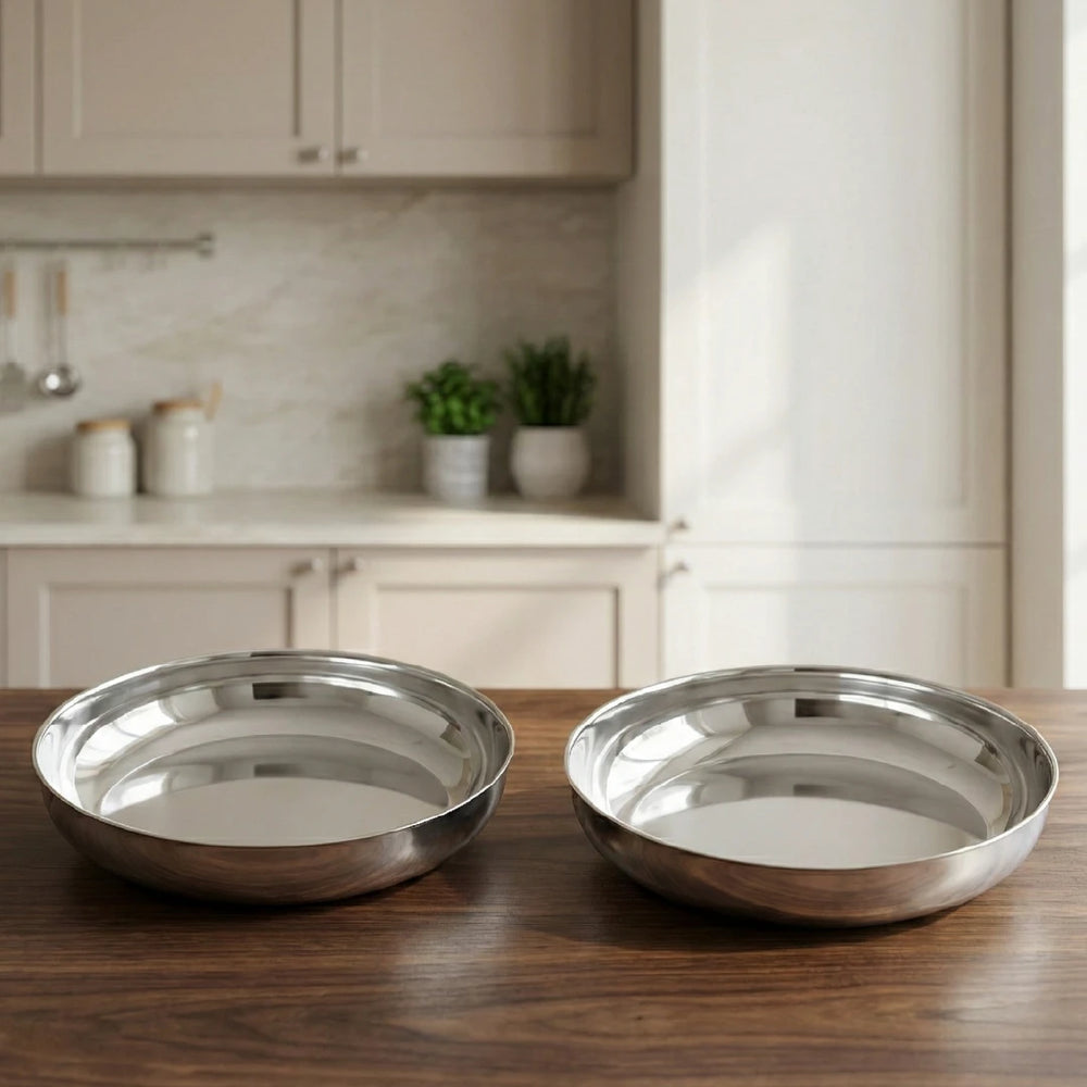 Stainless Steel Halwa Plate – 2 Pcs Set, High Quality, Mirror Finish, Rust-Free & Dishwasher Safe, Perfect for Serving Indian Desserts