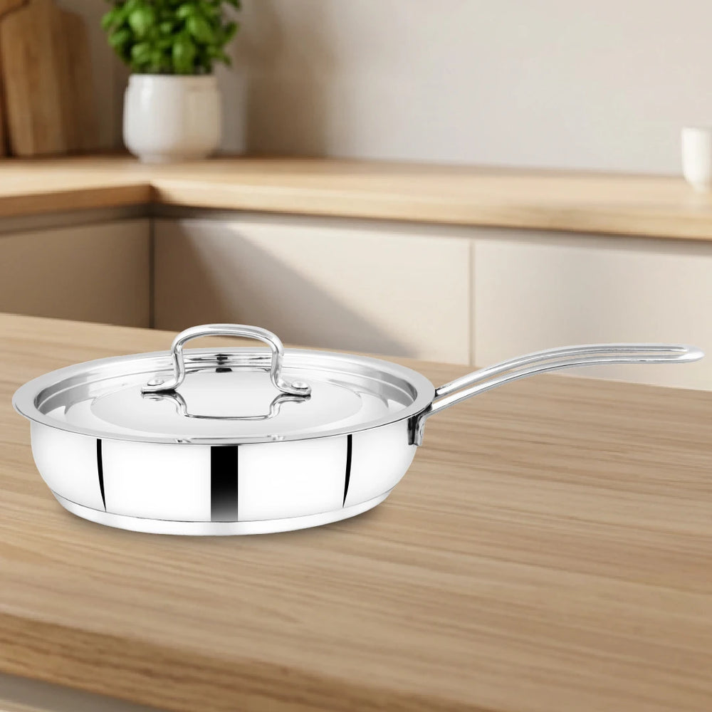 Avanti Stainless Steel Fry Pan: Premium Quality with Snug-Fit Lid, Tri Ply Base, Non-stick, Gas & Induction Compatible, Cool-Touch Handle