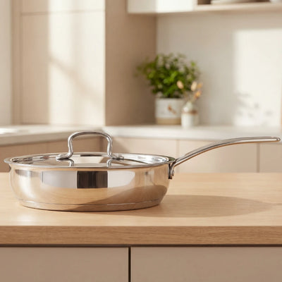 Avanti Stainless Steel Fry Pan: Premium Quality with Snug-Fit Lid, Tri Ply Base, Non-stick, Gas & Induction Compatible, Cool-Touch Handle, Free ₹300 SS Water Bottle
