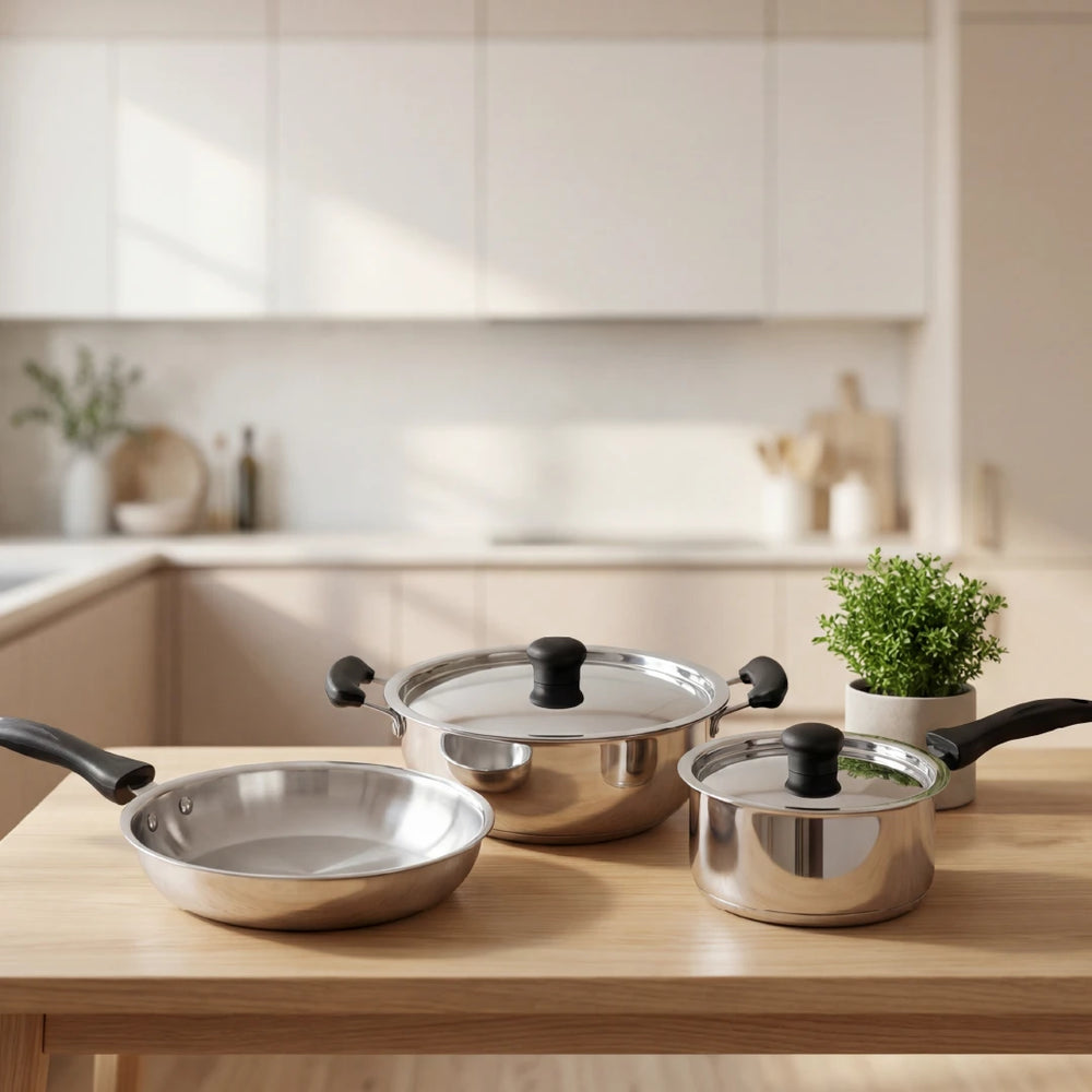 Zen Stainless Steel Cookware 5 Pc Set: Kadai  22 cm + Lid, Tea/Milk Pan 16 cm + Lid, Fry Pan 22 cm, Tri Ply Base, Non-stick, Gas & Induction Compatible, StayCool+ Handle and Knob, Combo Set