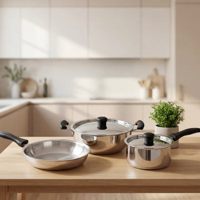 Zen Stainless Steel Cookware 5 Pc Set: Kadai  22 cm + Lid, Tea/Milk Pan 16 cm + Lid, Fry Pan 22 cm, Tri Ply Base, Non-stick, Gas & Induction Compatible, StayCool+ Handle and Knob, Combo Set