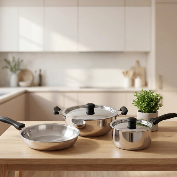 Zen Stainless Steel Cookware 5 Pc Set: Kadai  22 cm + Lid, Tea/Milk Pan 16 cm + Lid, Fry Pan 22 cm, Tri Ply Base, Non-stick, Gas & Induction Compatible, StayCool+ Handle and Knob, Combo Set