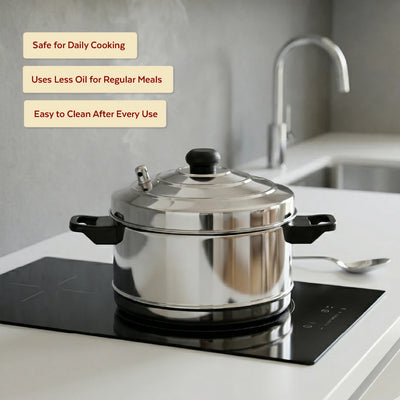 Stainless Steel Idli Cooker with Whistle Indicator - 4 Plate / 6 Plate, Idly Cooker Pot, Induction & Gas Compatible, Rust-Free & Durable
