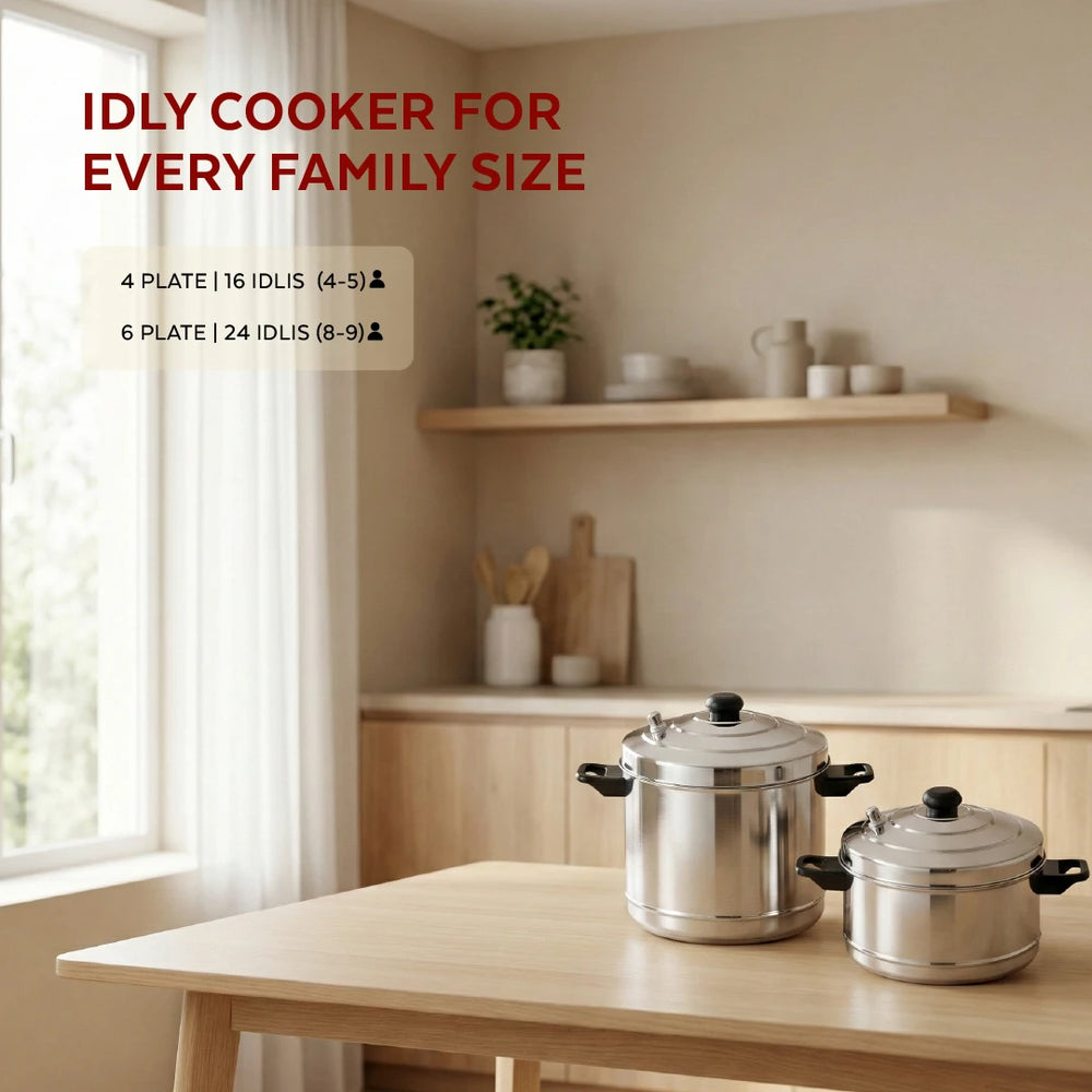 Stainless Steel Idli Cooker with Whistle Indicator - 4 Plate / 6 Plate, Idly Cooker Pot, Induction & Gas Compatible, Rust-Free & Durable