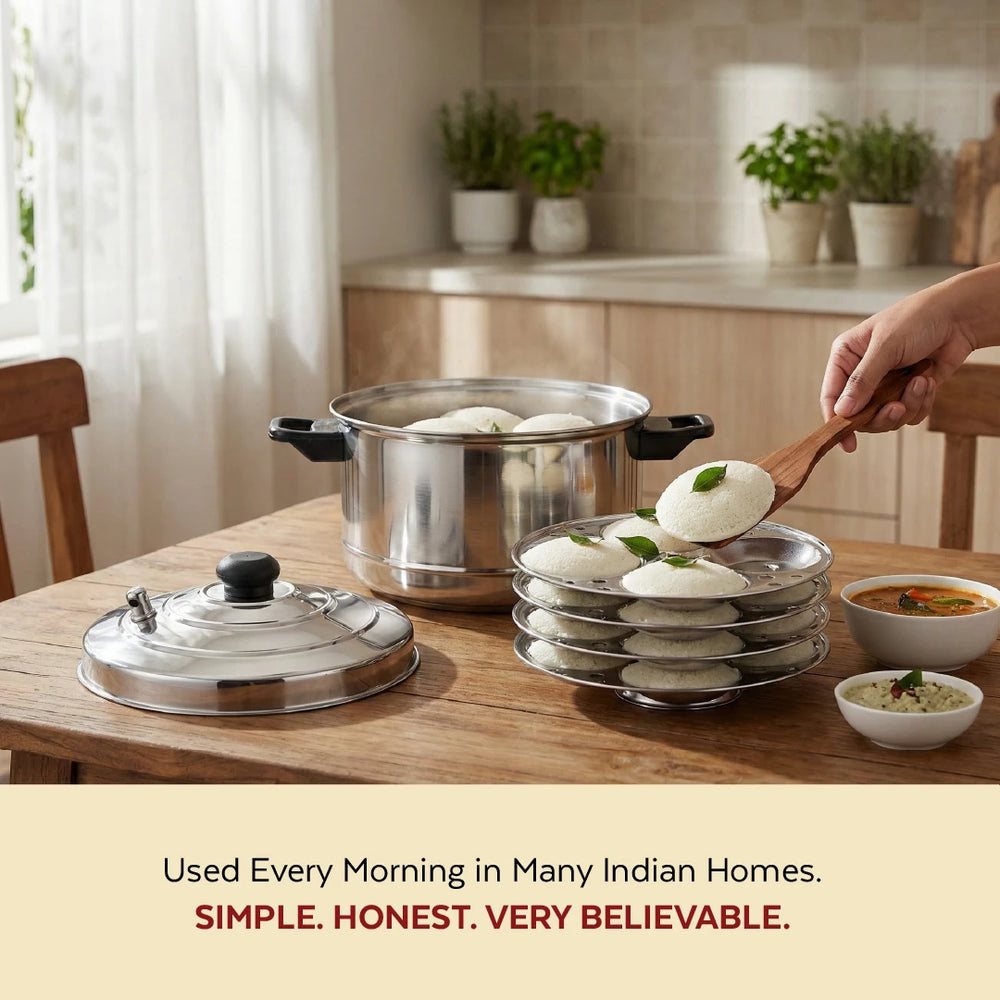 Stainless Steel Idli Cooker with Whistle Indicator - 4 Plate / 6 Plate, Idly Cooker Pot, Induction & Gas Compatible, Rust-Free & Durable