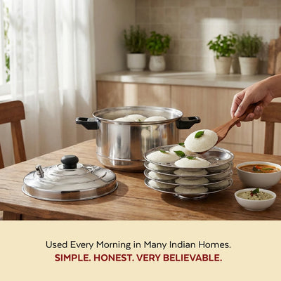 Stainless Steel Idli Cooker with Whistle Indicator - 4 Plate / 6 Plate, Idly Cooker Pot, Induction & Gas Compatible, Rust-Free & Durable