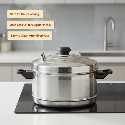 Stainless Steel Idli Cooker with Whistle Indicator - 4 Plate / 6 Plate, Idly Cooker Pot, Induction & Gas Compatible, Rust-Free & Durable