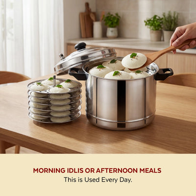Stainless Steel Idli Cooker with Whistle Indicator - 4 Plate / 6 Plate, Idly Cooker Pot, Induction & Gas Compatible, Rust-Free & Durable
