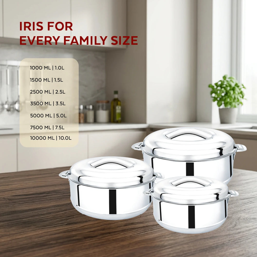 Iris Stainless Steel Casserole, Double-Wall Insulated Hot Box with Lock Lid, Food Warmer for Rice, Curries, Rotis, Free ₹300 SS Water Bottle