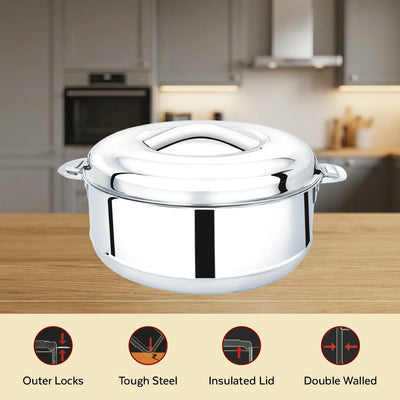Iris Stainless Steel Casserole, Double-Wall Insulated Hot Box with Lock Lid, Food Warmer for Rice, Curries, Rotis, Free ₹300 SS Water Bottle