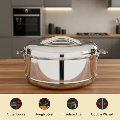 Iris Stainless Steel Casserole, Double-Wall Insulated Hot Box with Lock Lid, Food Warmer for Rice, Curries, Rotis, Free ₹300 SS Water Bottle